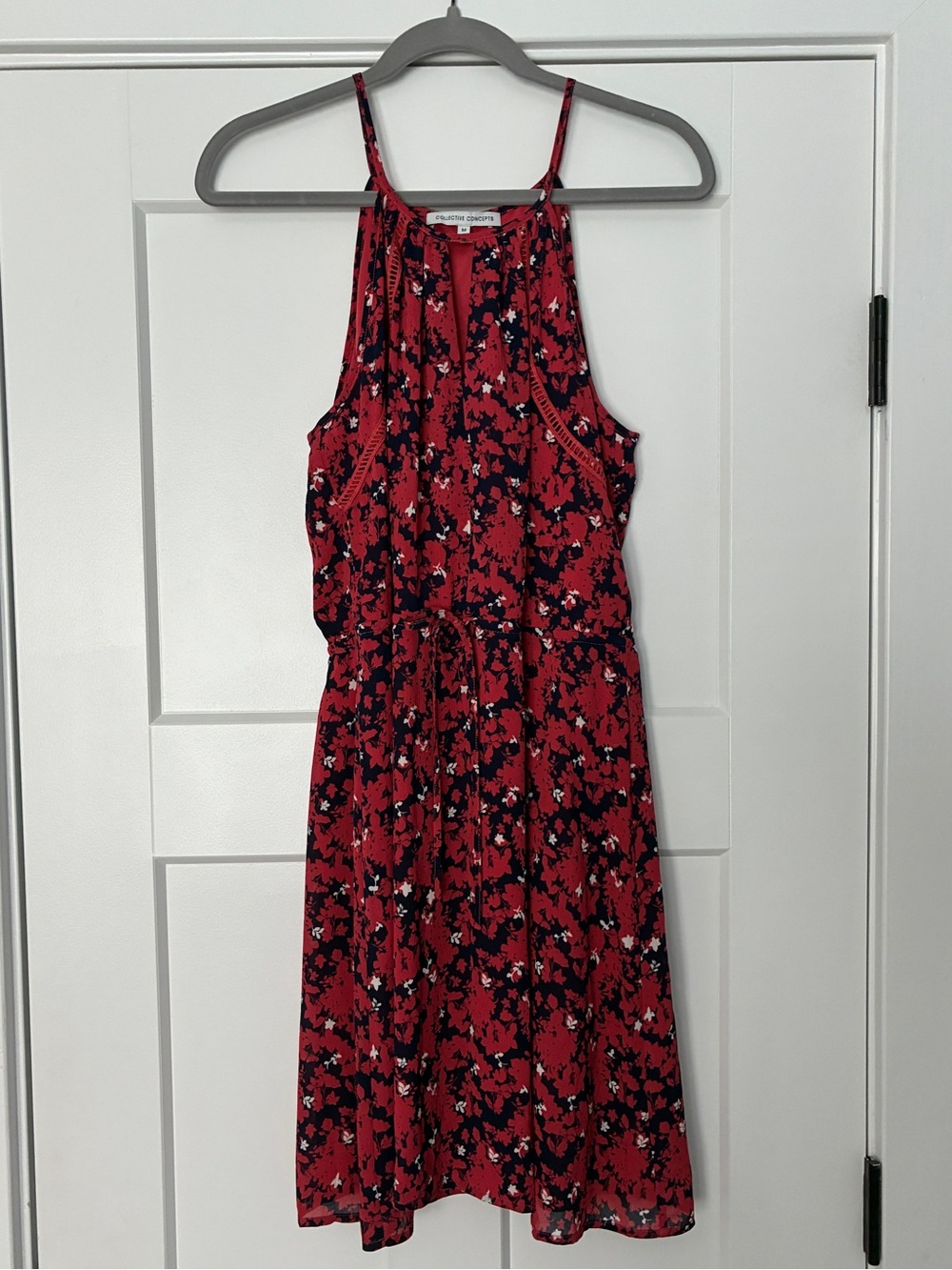 Collective Concepts Navy and Red Floral Dress with White Accents